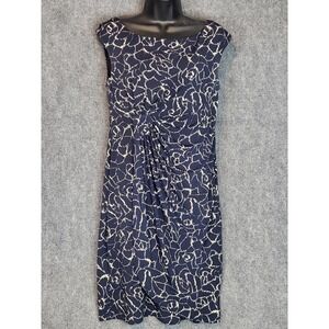 Connected Apparel Dress Size 10 Blue Beige Sleeveless Career Party Ruched Work